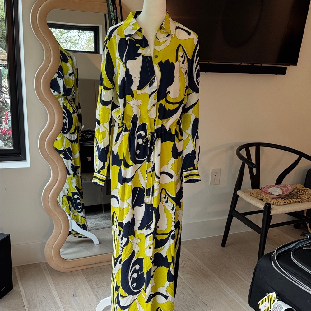 NWT Trina Turk Abstract Print Maxi Shirt Dress in Yellow, Navy & White